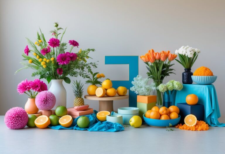 Arranjo colorido de objetos que representam cores começando com a letra F, como frutas, flores e tecidos, em fundo neutro.