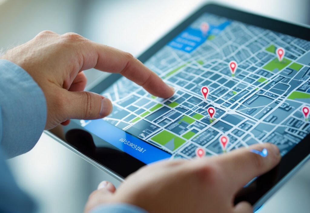 Pessoa usando um tablet com um mapa digital mostrando marcadores de localização para identificar um endereço.