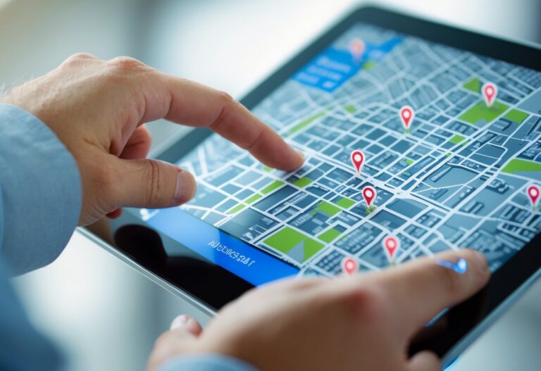 Pessoa usando um tablet com um mapa digital mostrando marcadores de localização para identificar um endereço.