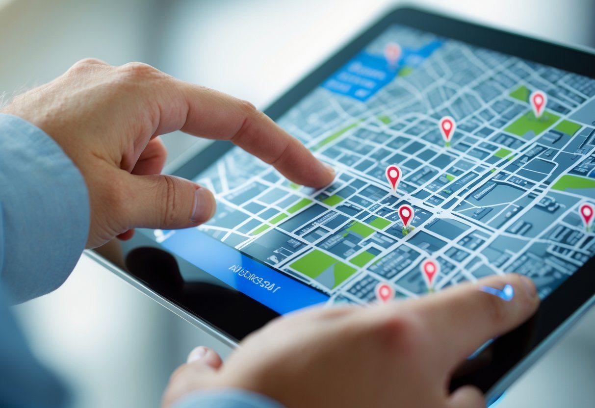 Pessoa usando um tablet com um mapa digital mostrando marcadores de localização para identificar um endereço.