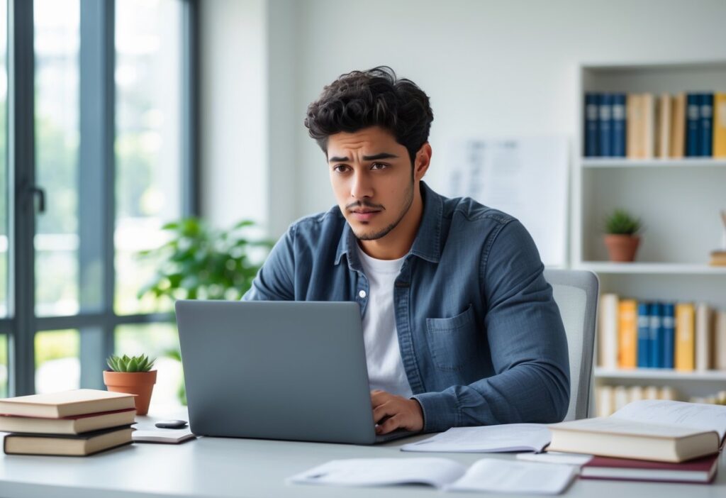 Homem jovem sentado em uma mesa moderna, olhando concentrado para um laptop em um escritório iluminado e organizado.