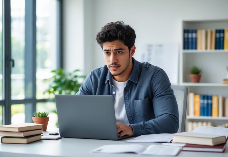 Homem jovem sentado em uma mesa moderna, olhando concentrado para um laptop em um escritório iluminado e organizado.
