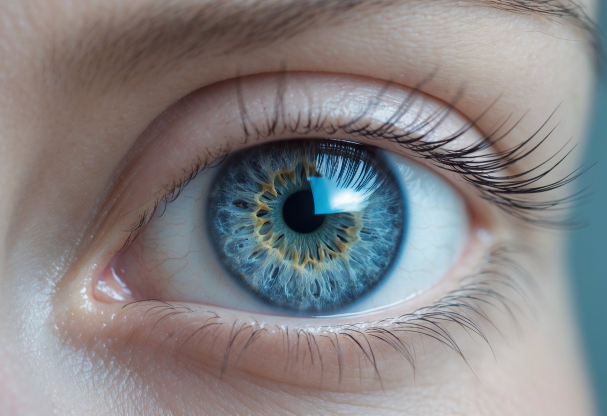 Close-up de um olho humano aberto, focando na íris e pupila com detalhes nítidos.