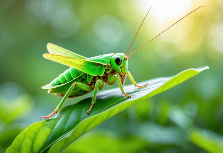 Grilo verde sentado em uma folha verde em um ambiente natural com vegetação ao fundo.