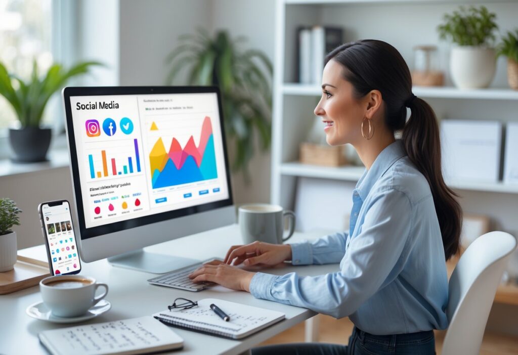 Mulher jovem sentada em uma mesa moderna olhando para um laptop com gráficos de redes sociais, em um escritório doméstico iluminado.