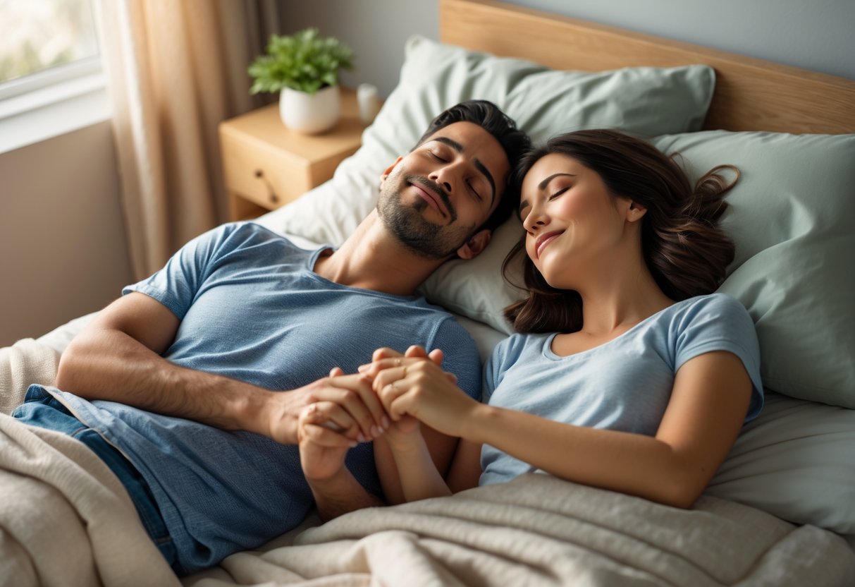 Um casal deitado lado a lado em uma cama, de mãos dadas, com expressões serenas e felizes, em um quarto aconchegante iluminado pela luz natural.