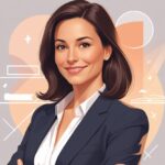 Mulher sorridente de meia-idade com cabelo escuro e roupa formal, em um fundo abstrato suave.