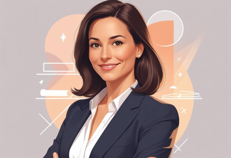 Mulher sorridente de meia-idade com cabelo escuro e roupa formal, em um fundo abstrato suave.