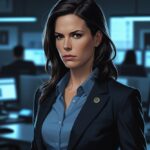 Mulher com expressão séria em um escritório de investigação com computadores e arquivos ao fundo.