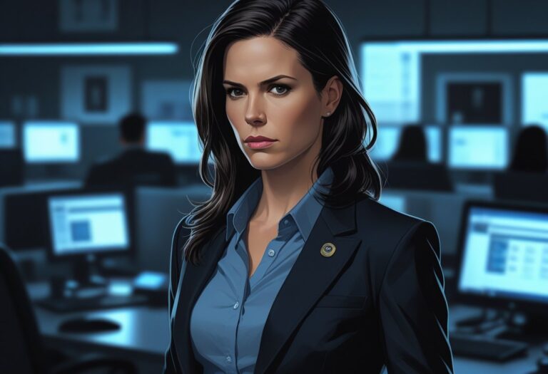 Mulher com expressão séria em um escritório de investigação com computadores e arquivos ao fundo.