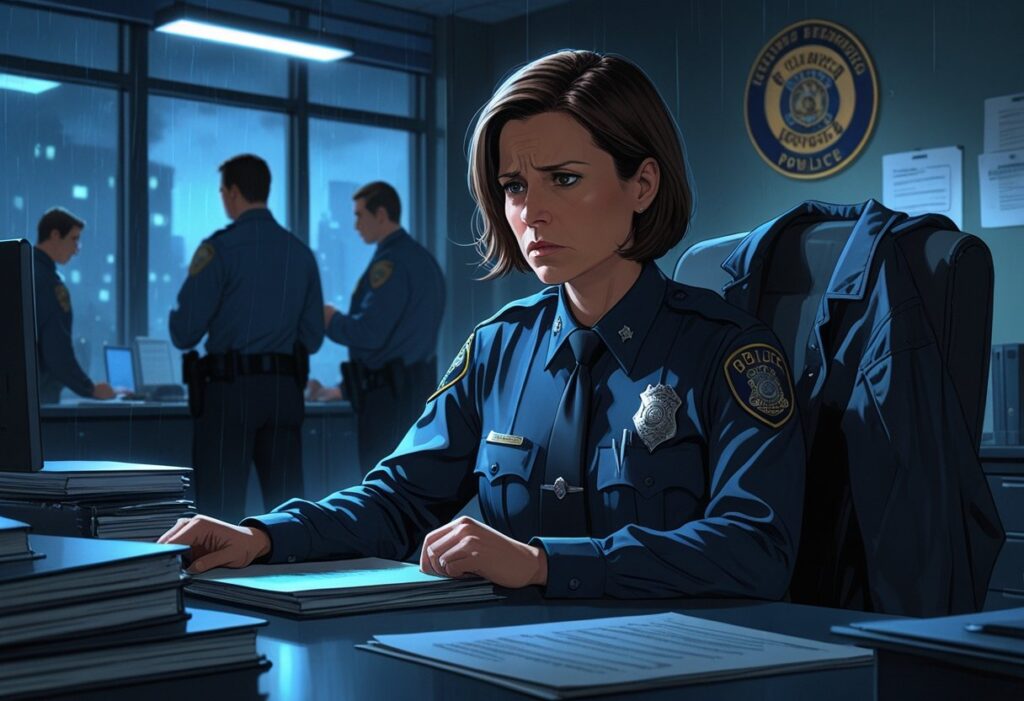 Cena dramática em um escritório de delegacia à noite, com uma mulher sentada em uma mesa cheia de arquivos policiais, parecendo pensativa e preocupada.