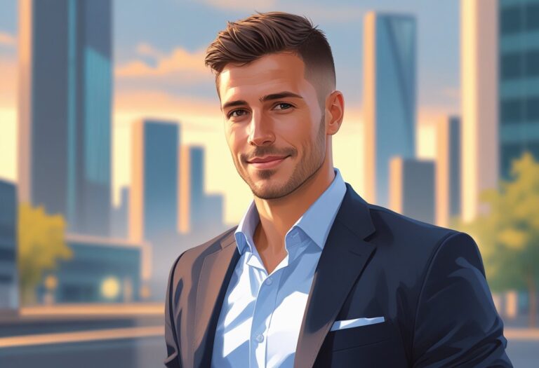 Retrato de Damien Marzette em um ambiente urbano, vestindo roupas sociais casuais, com expressão confiante e amigável.