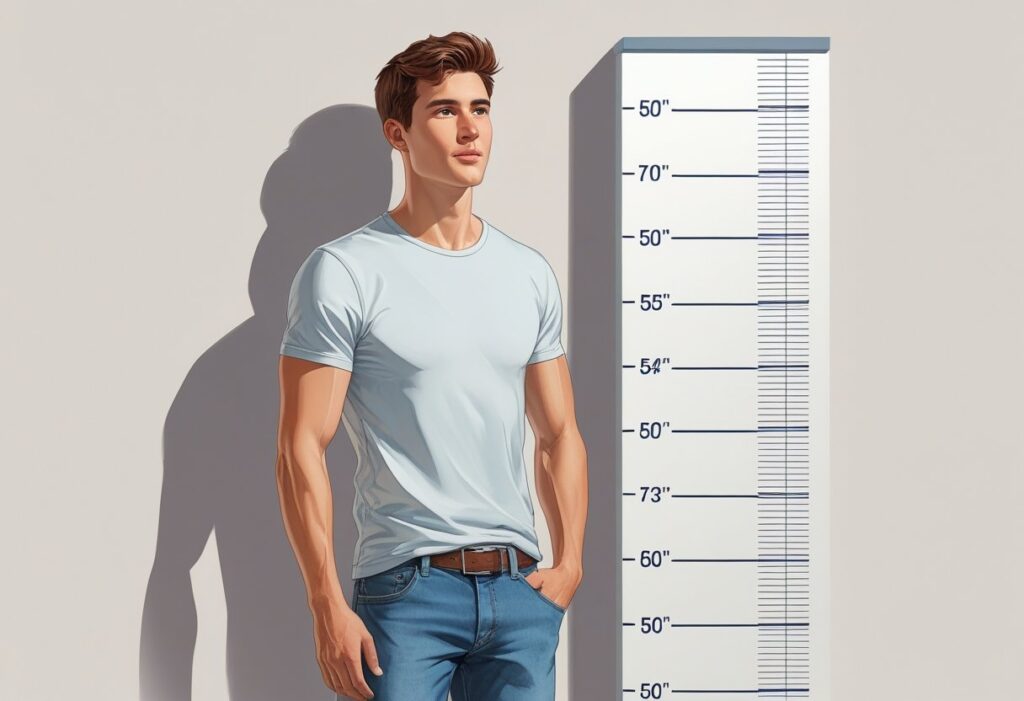 Um jovem adulto está em pé ao lado de uma régua de altura, mostrando sua estatura.