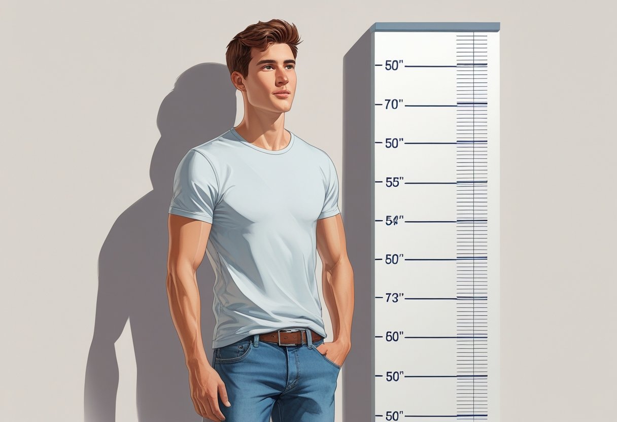 Um jovem adulto está em pé ao lado de uma régua de altura, mostrando sua estatura.