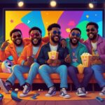 Ilustração dos irmãos Wayans em uma cena convidativa relacionada a filmes, com elementos de cinema ao redor e ambiente de sala de estar ou home theater.