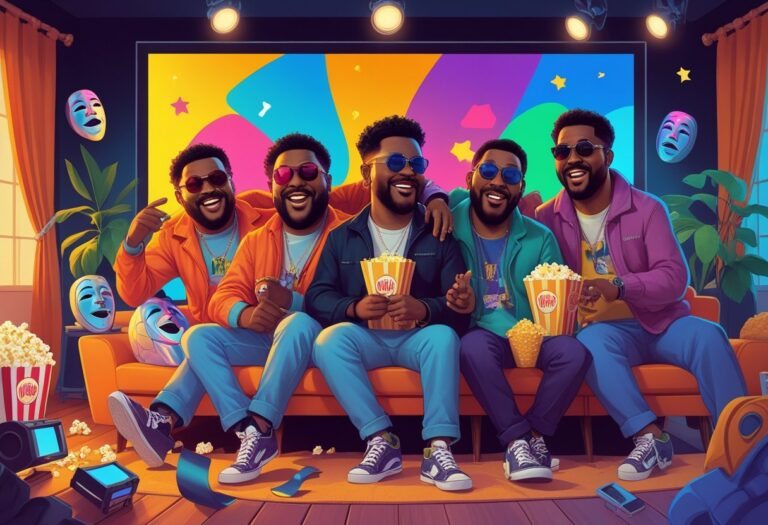 Ilustração dos irmãos Wayans em uma cena convidativa relacionada a filmes, com elementos de cinema ao redor e ambiente de sala de estar ou home theater.