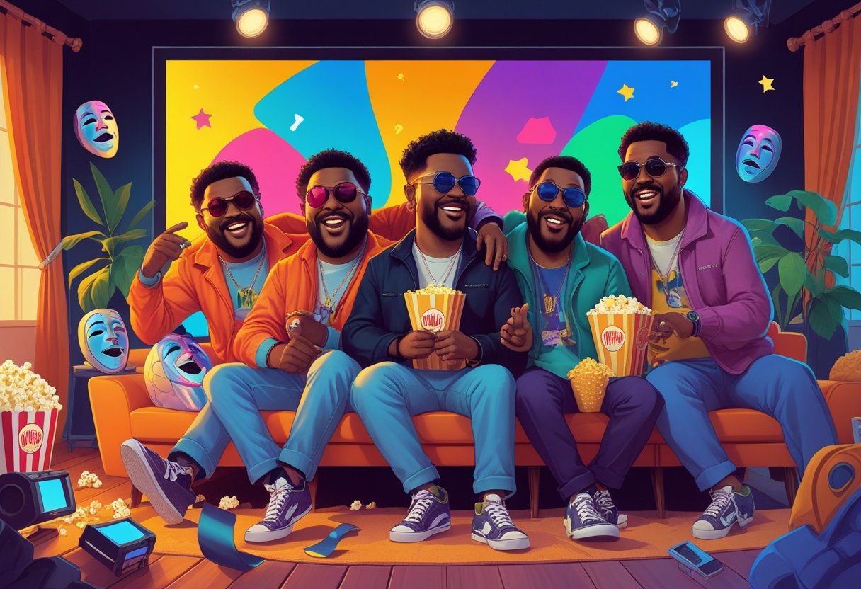 Ilustração dos irmãos Wayans em uma cena convidativa relacionada a filmes, com elementos de cinema ao redor e ambiente de sala de estar ou home theater.