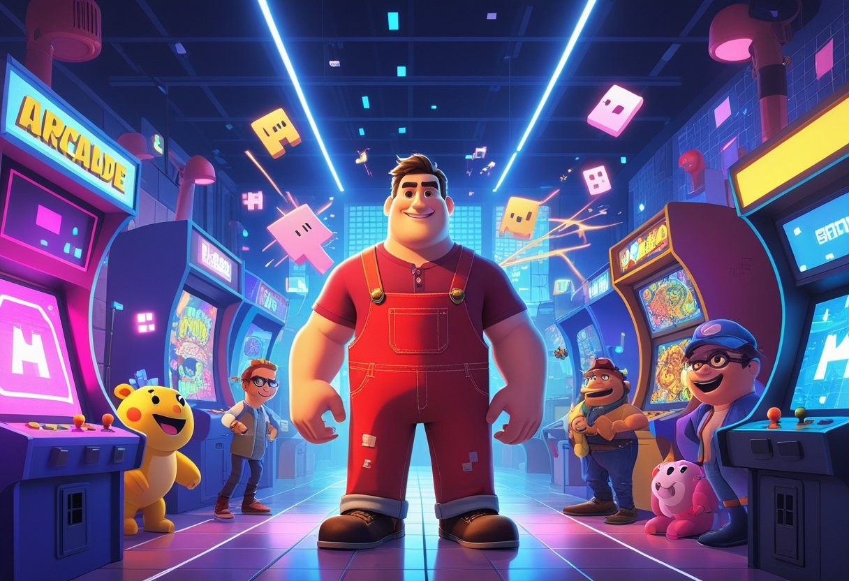 Personagem grande e amigável em um cenário de fliperama colorido com elementos de videogame ao redor, transmitindo uma sensação de aventura e diversão.