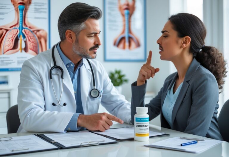 Médico consultando um paciente que aponta para a garganta, em um consultório médico bem iluminado.