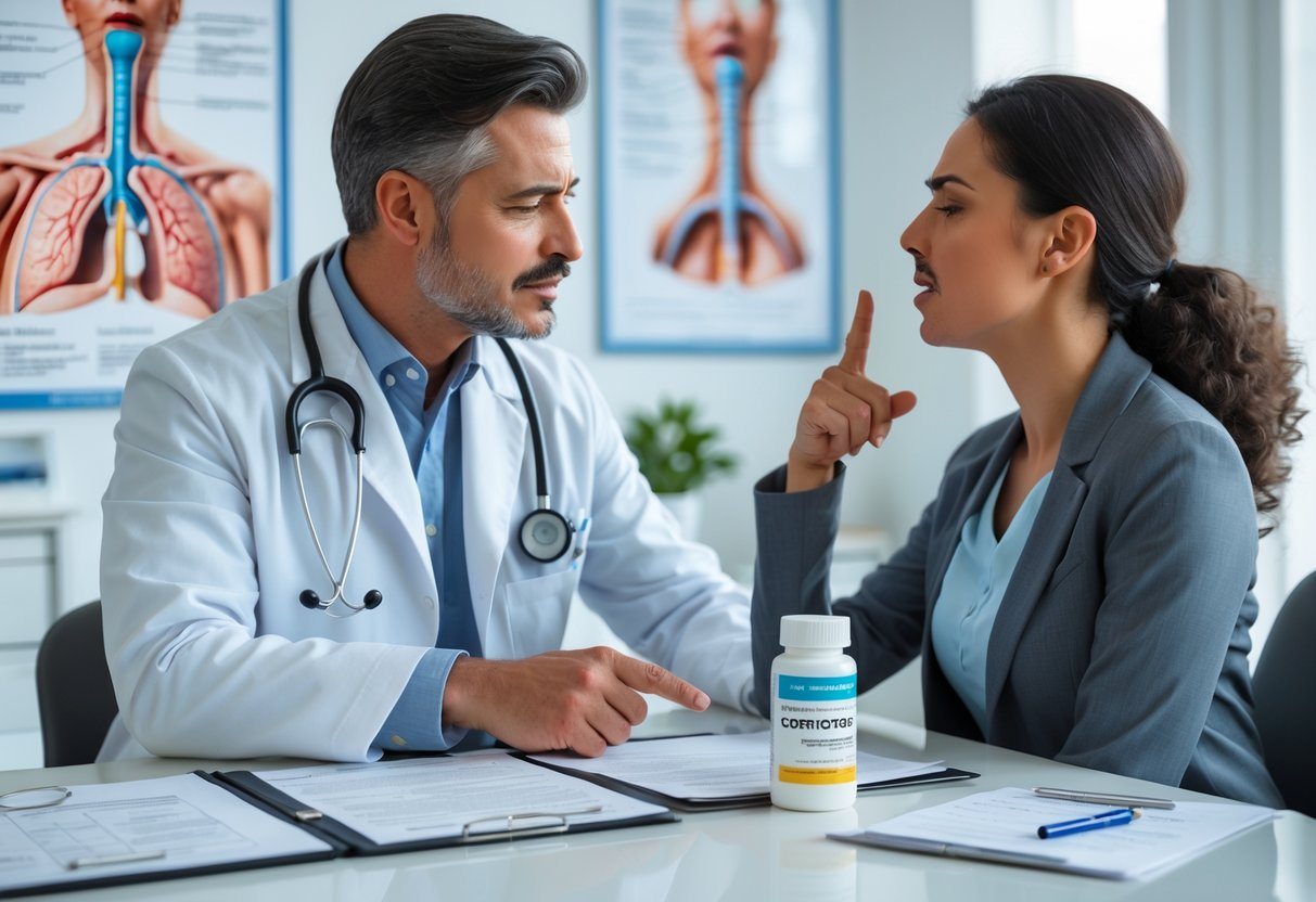 Médico consultando um paciente que aponta para a garganta, em um consultório médico bem iluminado.