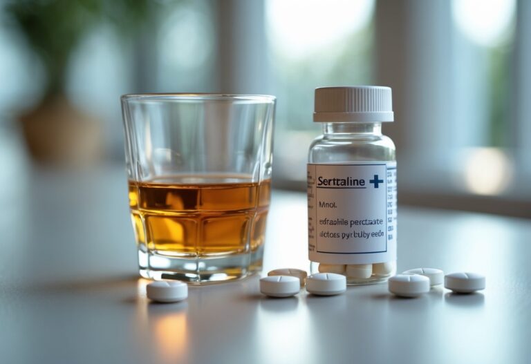 Uma mesa com um copo de bebida alcoólica, um frasco de remédio e comprimidos de sertralina espalhados ao redor.