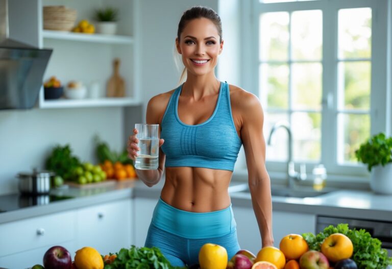 Mulher em roupas esportivas sorrindo em uma cozinha moderna com frutas e vegetais frescos sobre a bancada.