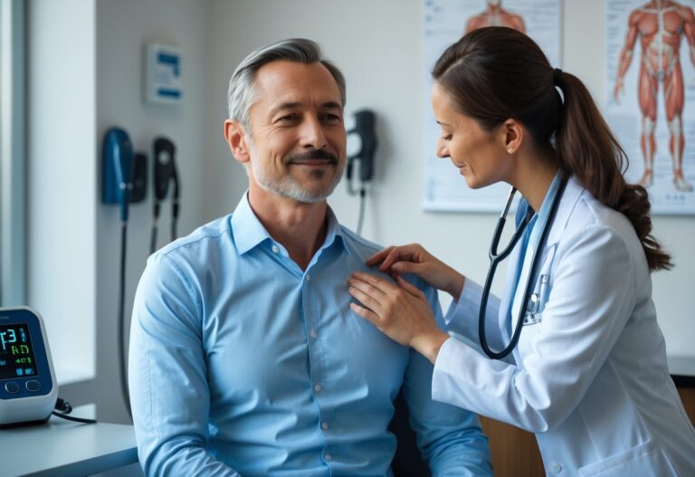 Homem sentado em consultório médico recebendo exame de batimento cardíaco por uma médica.