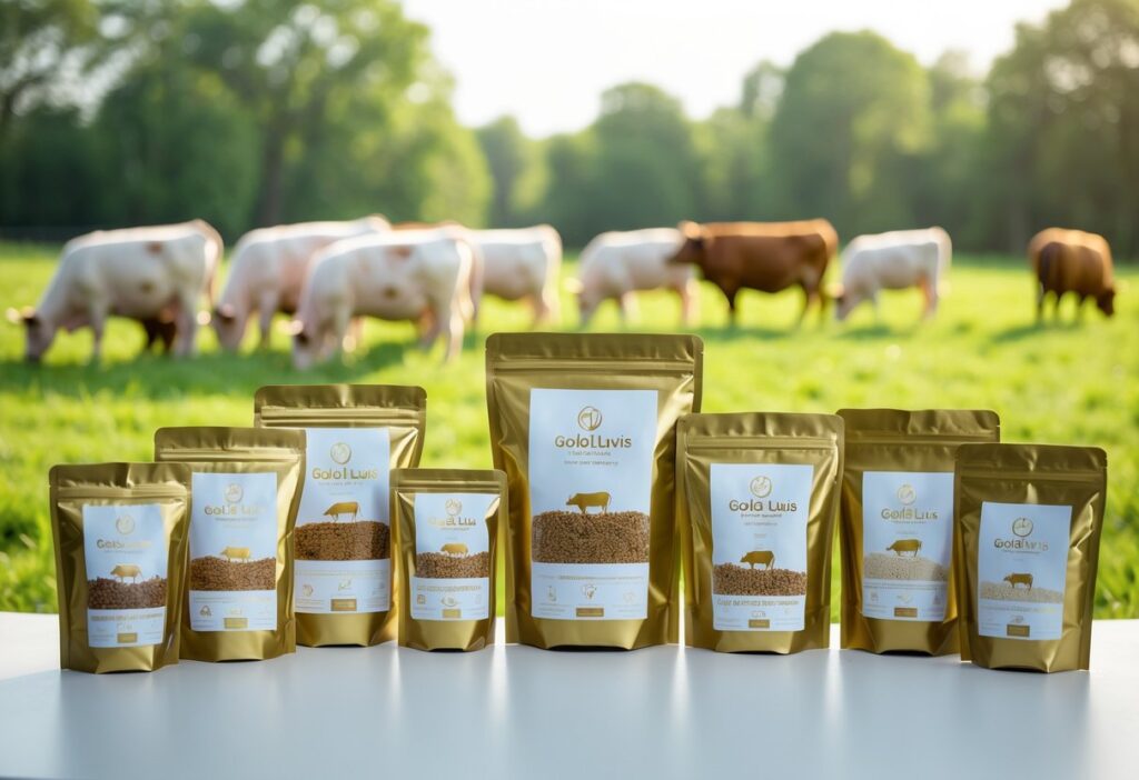 Produtos de suplementos nutritivos dourados da marca Luvis com animais saudáveis pastando ao fundo.