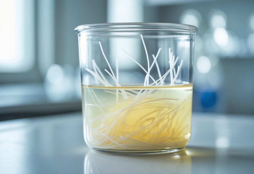 Frasco de vidro transparente contendo líquido claro com filamentos brancos visíveis suspensos, sobre superfície branca.