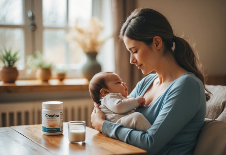 Mãe amamentando seu bebê em um ambiente acolhedor com um pote de creatina e um copo de água sobre a mesa próxima.