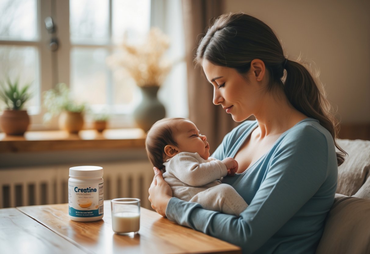 Mãe amamentando seu bebê em um ambiente acolhedor com um pote de creatina e um copo de água sobre a mesa próxima.