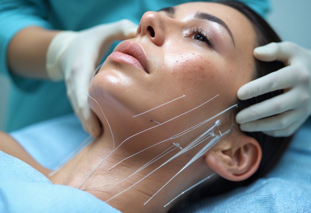 Close de rosto e pescoço mostrando fios de sustentação que causaram complicações na pele.