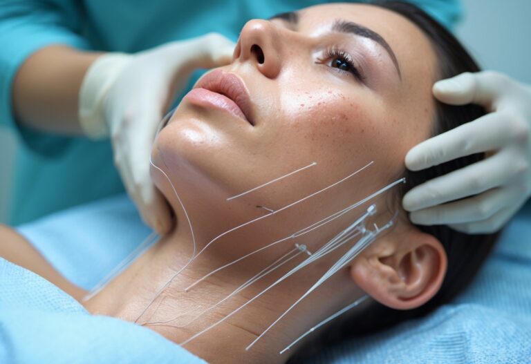 Close de rosto e pescoço mostrando fios de sustentação que causaram complicações na pele.