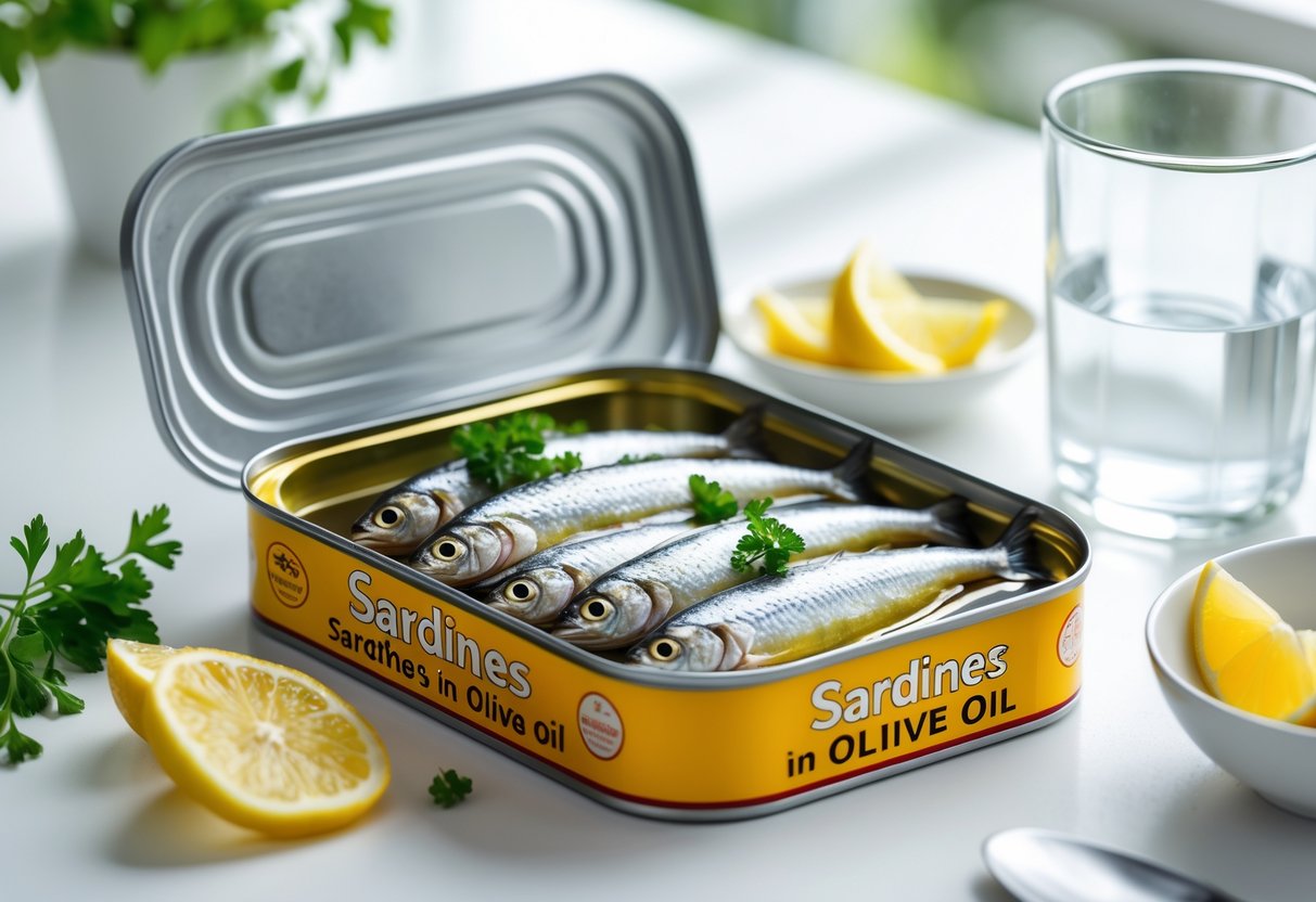 Uma lata aberta de sardinhas com ervas frescas e fatias de limão ao lado em uma superfície branca.