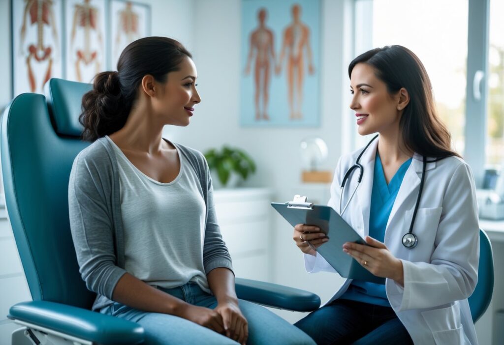 Paciente feminina conversando com médica em consultório médico moderno e iluminado.