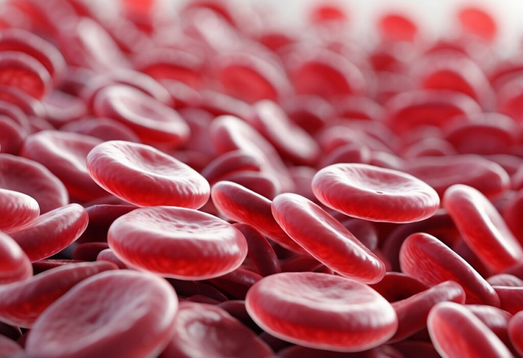 Imagem em close de muitas hemácias vermelhas agrupadas, mostrando sua forma característica e cor vermelha intensa.