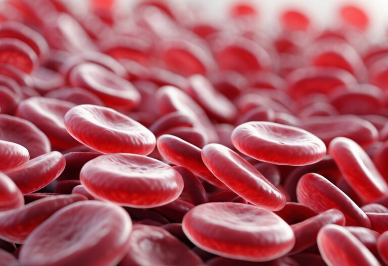 Imagem em close de muitas hemácias vermelhas agrupadas, mostrando sua forma característica e cor vermelha intensa.