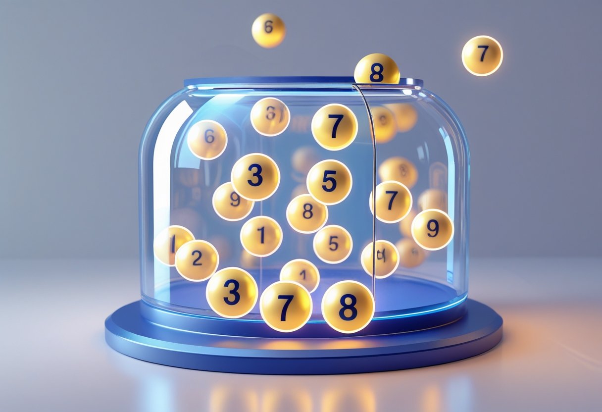 Máquina de loteria transparente com bolas numeradas, algumas destacadas para mostrar os números que mais saem na Lotofácil.