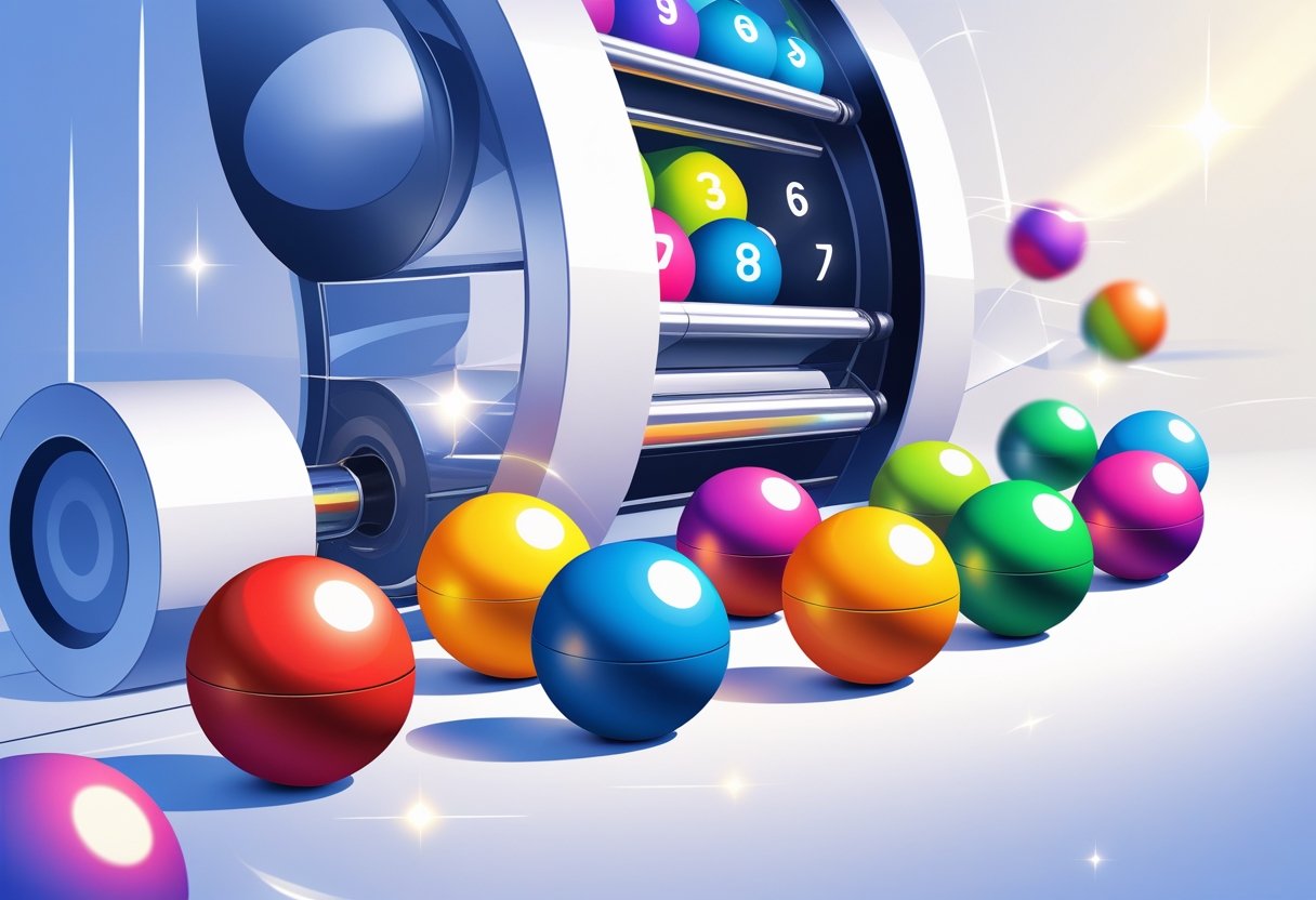 Máquina de sorteio de loteria com várias bolas coloridas numeradas em destaque, representando os números mais sorteados na quina.