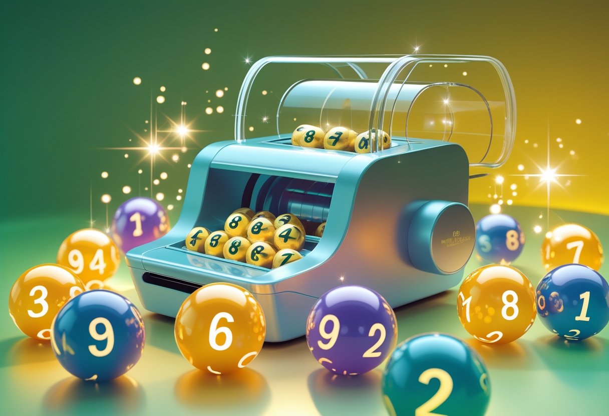 Máquina de loteria com bolas numeradas girando e várias bolas destacadas mostrando números sorteados com frequência, em um fundo verde e dourado.