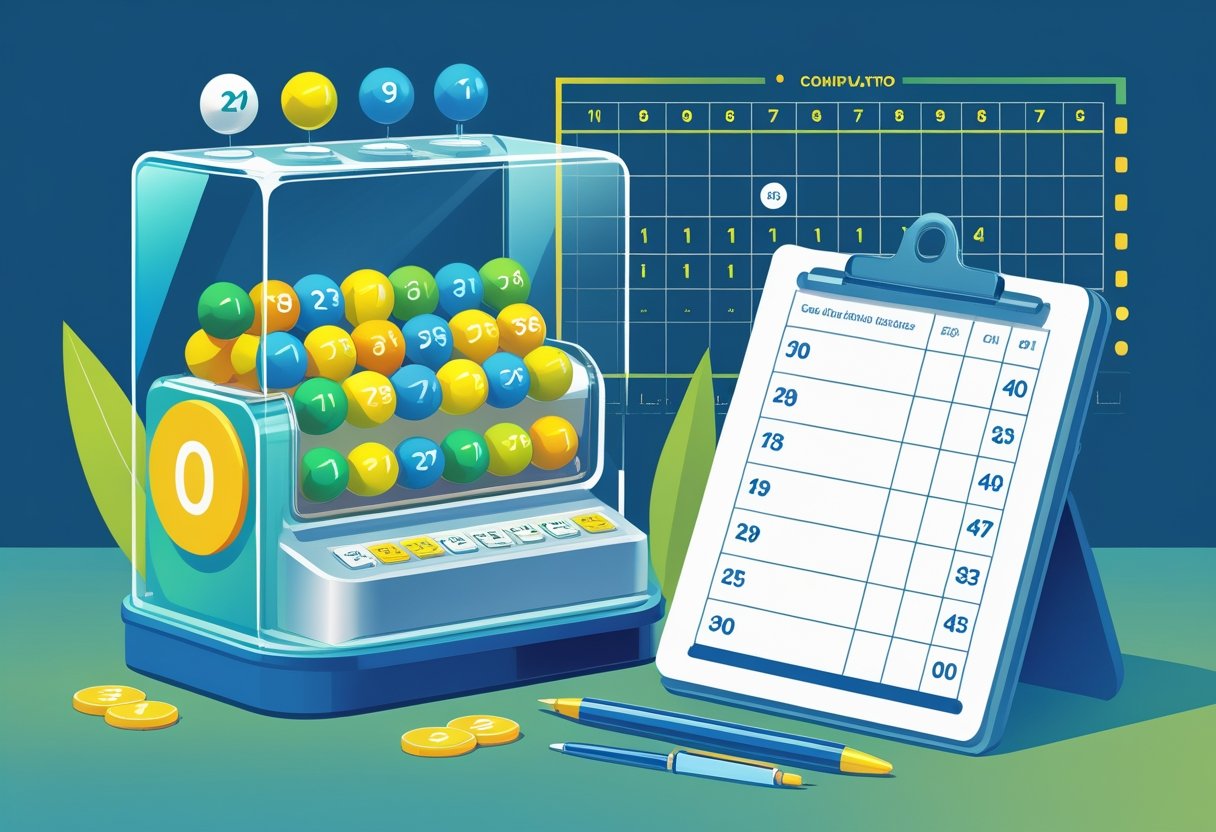 Máquina de loteria transparente com bolas numeradas coloridas, uma prancheta com lista de verificação e um gráfico ao fundo mostrando números repetidos.