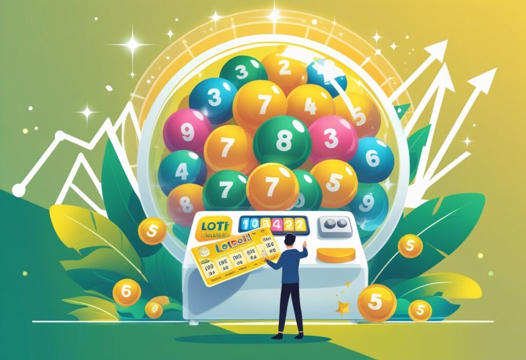 Pessoa segurando um bilhete de loteria brilhante diante de uma máquina de loteria cheia de bolas coloridas, com gráficos ascendentes ao fundo.