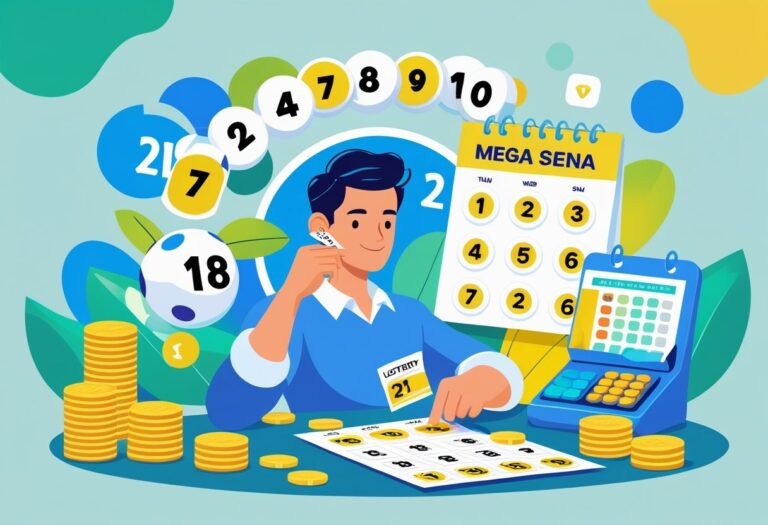Pessoa escolhendo números em um bilhete de loteria cercada por bolas numeradas, calendário e ícones de estratégias para jogar na Mega Sena.
