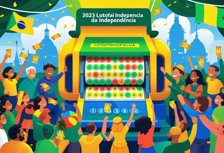 Pessoas diversas comemorando e assistindo a um sorteio de loteria com uma máquina de sorteio cheia de bolas numeradas, com símbolos do Brasil ao fundo.