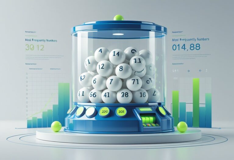 Máquina de loteria transparente cheia de bolas numeradas, com algumas bolas destacadas para mostrar os números mais sorteados, acompanhada de gráficos sutis ao fundo.
