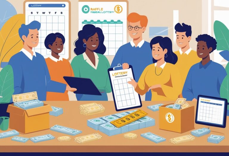 Pessoas reunidas em torno de uma mesa com bilhetes de rifa e um bilhete da loteria, enquanto uma pessoa explica os passos para organizar a rifa.