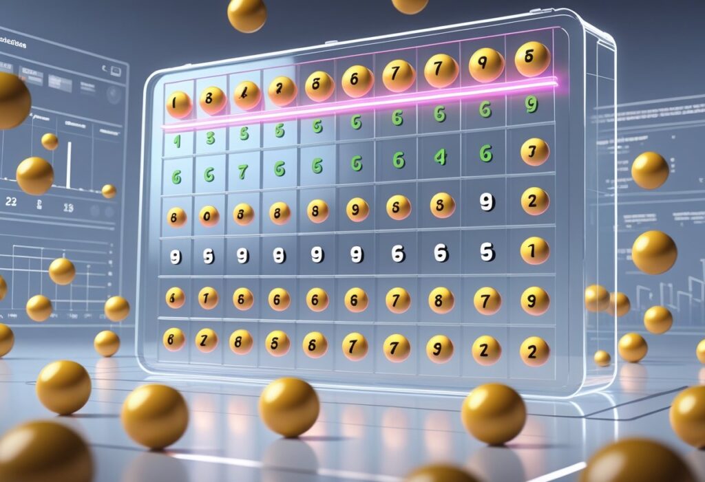 Cena mostrando uma placa de loteria com bolas numeradas destacando os números mais atrasados da Mega Sena, com várias bolas de loteria ao redor.