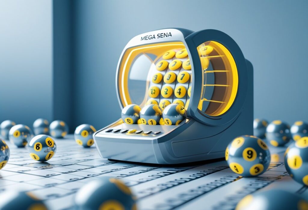 Máquina de loteria transparente com bolas numeradas, destacando as bolas que representam os números mais sorteados da Mega Sena.