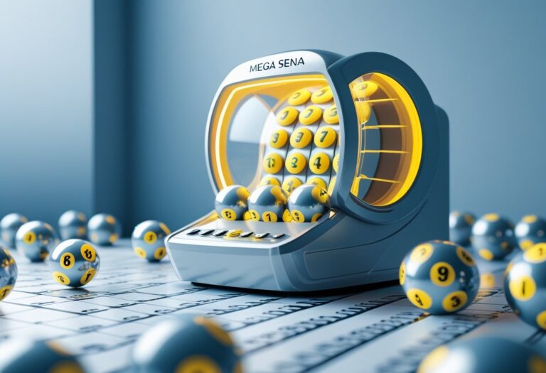 Máquina de loteria transparente com bolas numeradas, destacando as bolas que representam os números mais sorteados da Mega Sena.
