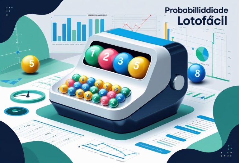 Máquina de loteria com bolas numeradas e gráficos de probabilidade ao redor, representando análise de chance na Lotofácil.